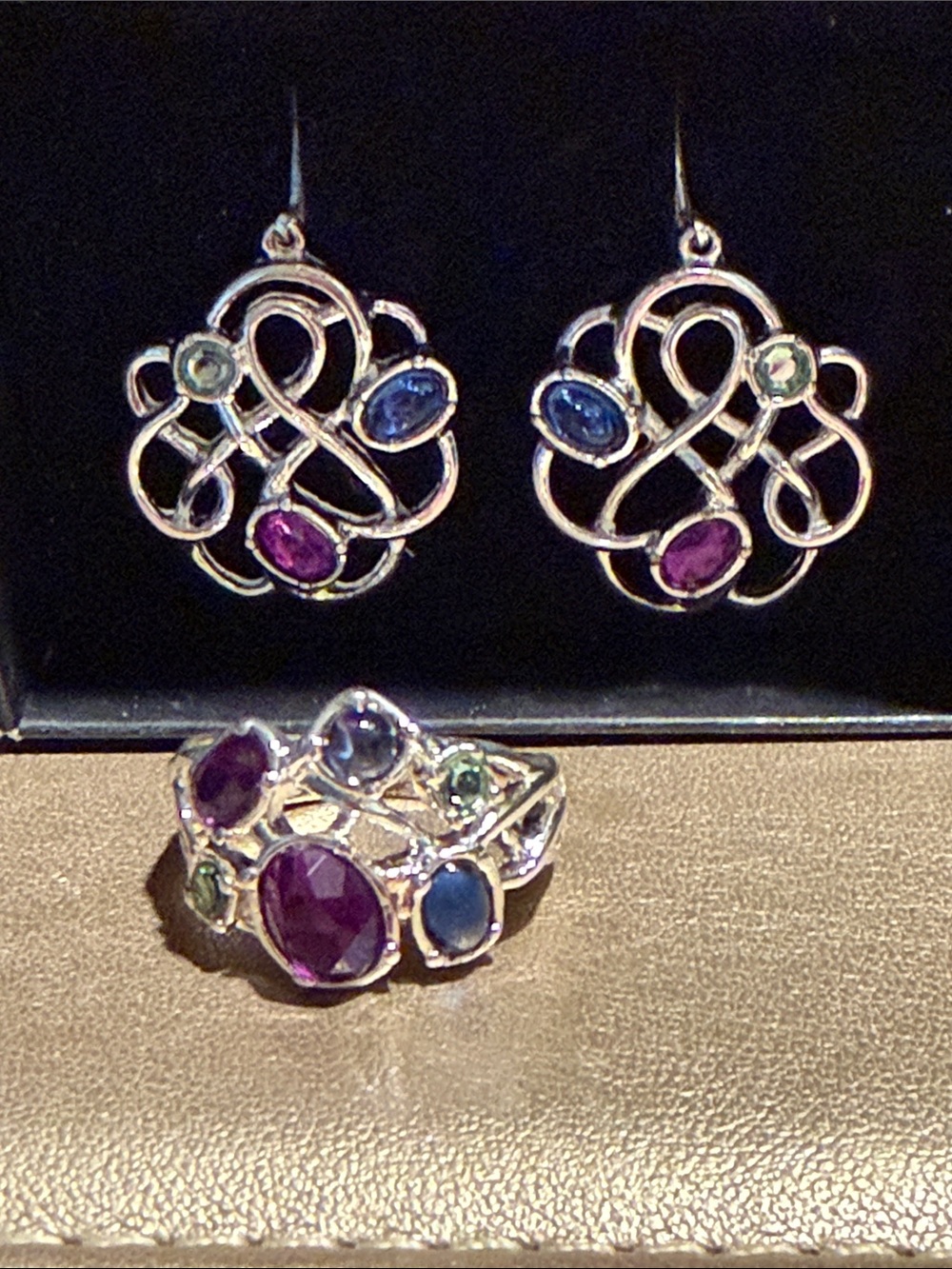 Multicolor Gemstone Silver Ring and Earrings Set - Women's Jewelry